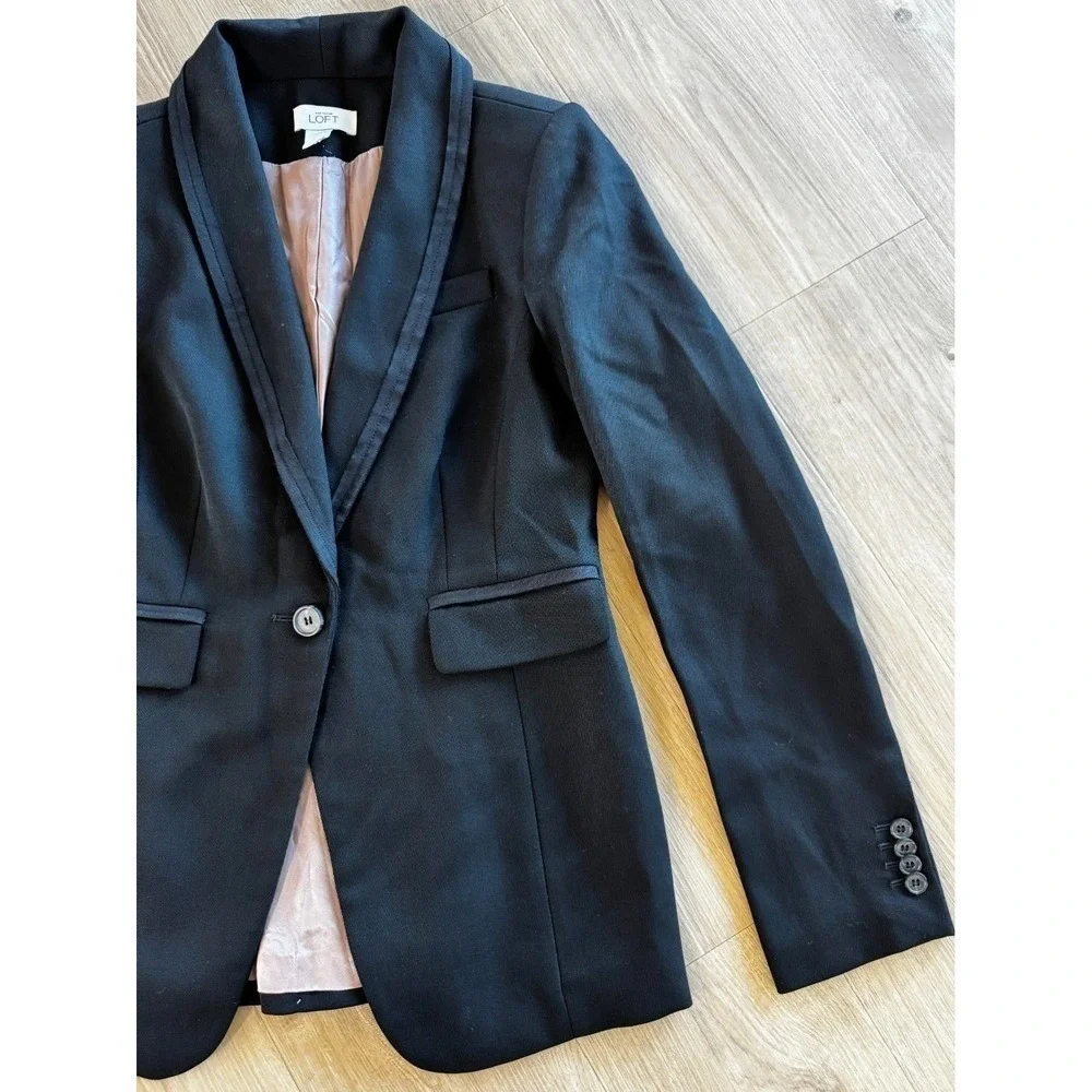 LOFT Womens Black Wool Blend Stretch‎ Blazer Size 6 Tailored Workwear Office